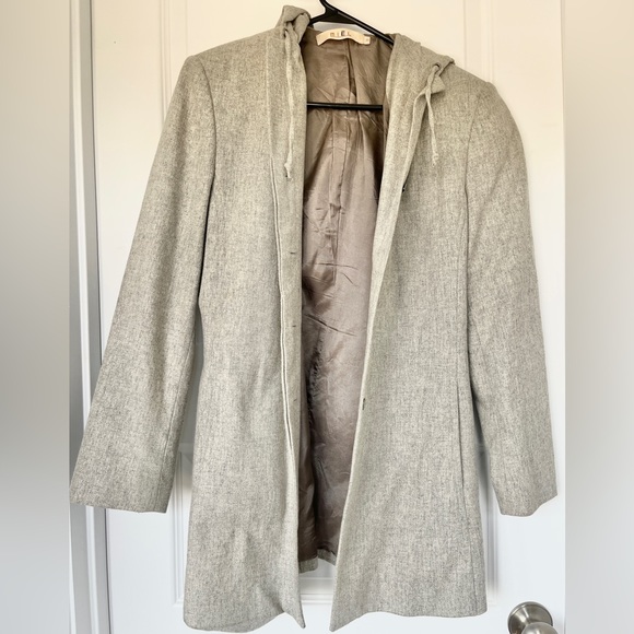 Miel sz S/M 38 Coat Hood Pockets Gray Wool Blend Unisex trench hidden buttons - Picture 1 of 9